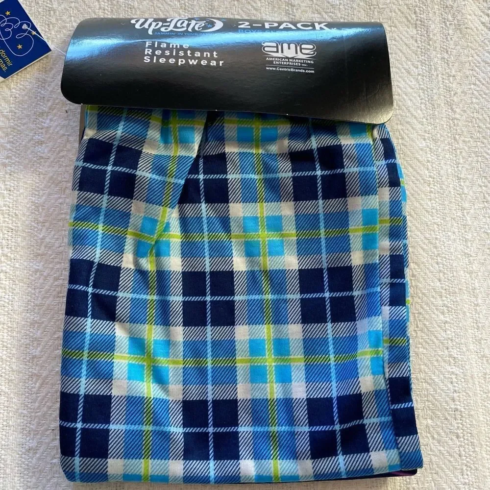 UP-LATE Boys Medium (6/8) 2-Pack All Day Sleep Shorts -Shark and Plaid  Prints